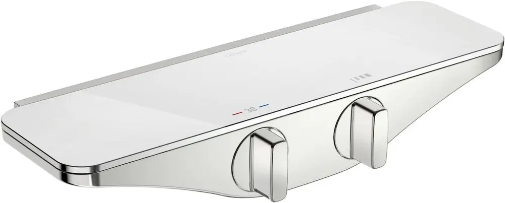Chromfarbene Brausebatterie mit weißem Oberteil und zwei Drehreglern. Das Design ist modern und passend für Badezimmer von HANSA.